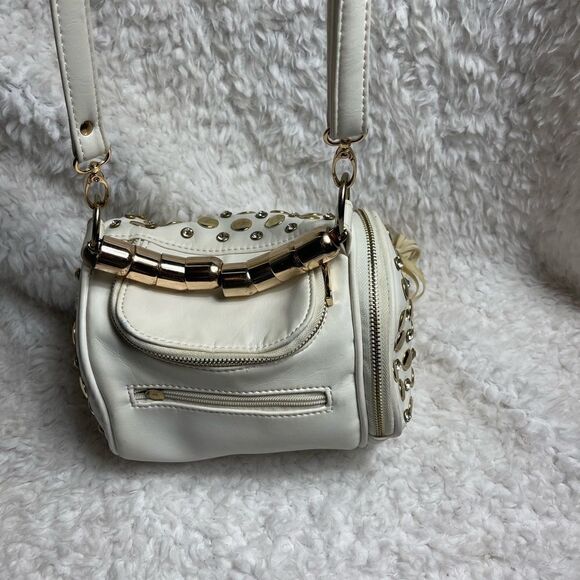 Off white small barrel Satchel/crossbody bag rose gold studs & jewels accents - Picture 4 of 16